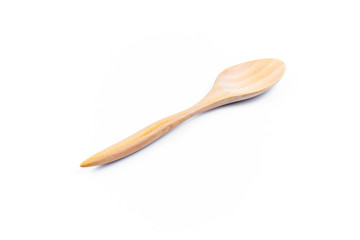 Empty spoon made of wood on white background. Top view. Isolated. Wooden.
