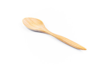 Empty spoon made of wood on white background. Top view. Isolated. Wooden.