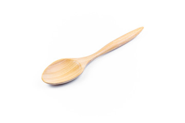 Empty spoon made of wood on white background. Top view. Isolated. Wooden.