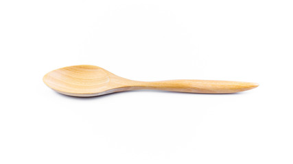 Empty spoon made of wood on white background. Top view. Isolated. Wooden.