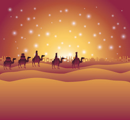 Obraz na płótnie Canvas wise men traveling in the desert christmas scene