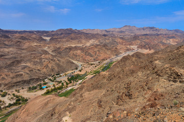 Oasis of Ai-Ais in the stone desert at the Southern part of the Fish River Canyon in the Ai-Ais Richtersveld Transfrontier Park, Namibia.