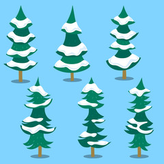 vector cartoon hand drawn pine tree template with snow pile at winter illustration collection set