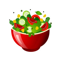 Green fresh salad of their various tasty vegetables in color bowls.