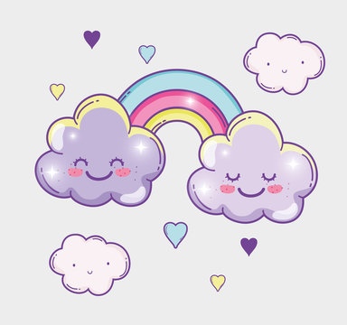 kawaii fluffy clouds with rainbow and hearts Stock Vector | Adobe Stock
