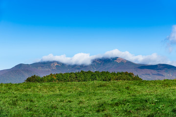 紅葉の宮城栗駒山と高原の牧場