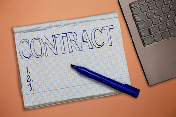 Text sign showing Contract. Conceptual photo written or spoken agreement especially one concerning employment.
