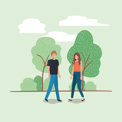 young couple walking on the park character