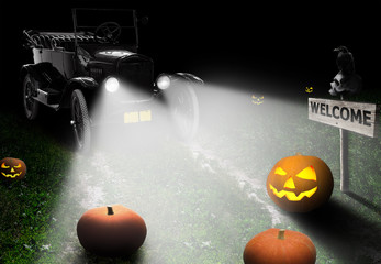Pumpkins and old car for Halloween