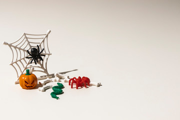 Composition of plastic toys for Halloween, with pumpkin, spider, cobweb, snake and bones