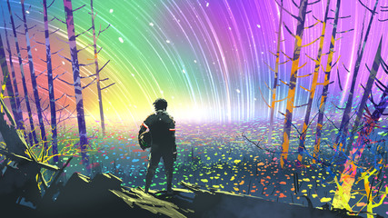 Landschaft des Entdeckers, der Blumenfelder auf farbenfrohen Planeten betrachtet, digitaler Kunststil, Illustrationsmalerei © grandfailure