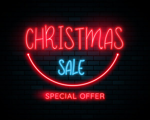 Merry Christmas and Happy New Year background. 3d neon light on the wall. Vector illustration.