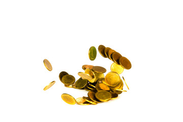 Movement of falling gold coin, flying coin, rain money isolated on white background, business and financial wealth and take profit concept.