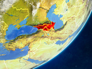 Caucasus region on model of planet Earth with country borders and very detailed planet surface and clouds.
