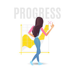 Data analysis vector illustration with young girl standing with her back near big digital business graphic with growing progress in cartoon style isolated on white background.