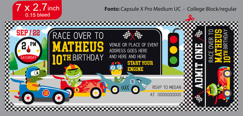 Kids in Race Car. Ticket invitation birthday. Racing Party. Car race invite. ticket black