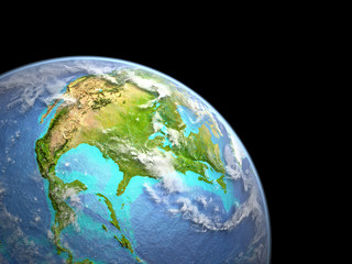 North America on planet Earth from space. Extremely fine detail of planet surface with real plastic mountains and ocean floor.