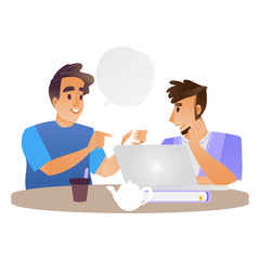 Fototapeta premium Vector young men talking sitting at table behind laptop with coffee or tea cups with empty speech bubble in cafe, restaurant or home discussing. Designers, busieness students meeting and communication