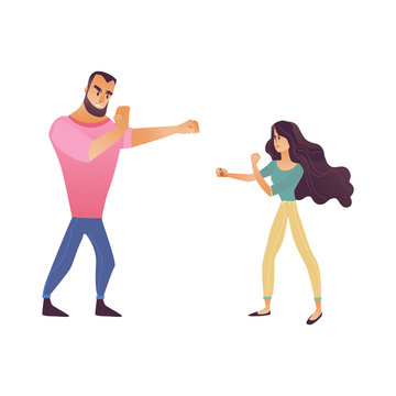 Vector illustration of swearing and fighting young couple isolated on white background - screaming angry male and female characters clenching their fists in cartoon gradient style.