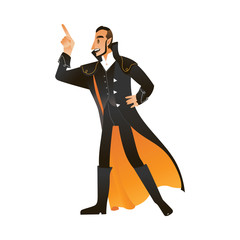 Vector illustration of man in vampire or count Dracula costume for halloween party invitation or greeting card in cartoon style isolated on white background - guy in autumn holiday wear.