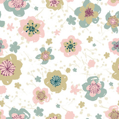 Sophisticated vector pink, blue and burgundy floral seamless pattern background