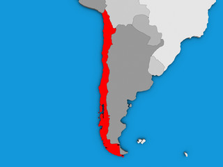 Chile on blue political 3D globe.