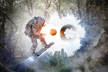 Spaceman on flying board. Mixed media