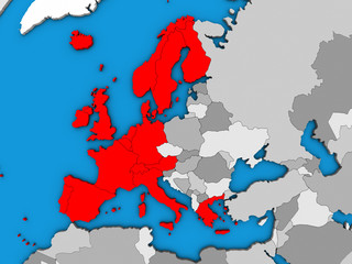 Western Europe on blue political 3D globe.