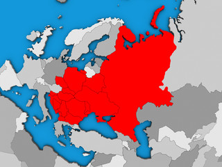 Eastern Europe on blue political 3D globe.