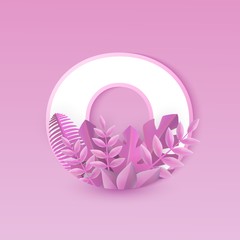 Vector illustration of number zero with pink plant leaves isolated on elegant background. Numeral 0 with tender tropical foliage - romantic element for modern floral design.