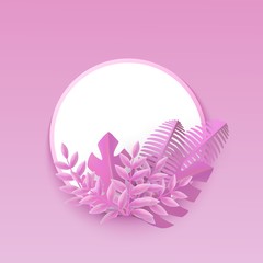 Vector purple leaves abstract pattern in circle frame on light pink background. Floral element for wedding, valentines day and dating design. Hand drawn plants for romantic decoration.