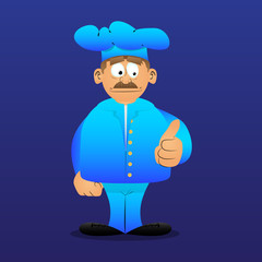 Fat male cartoon chef in uniform making thumbs up sign. Vector illustration.