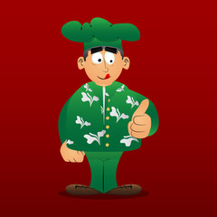 Fat male cartoon chef in uniform making thumbs up sign. Vector illustration.