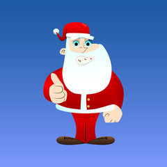 Santa Claus in his red clothes with white beard making thumbs up sign. Vector cartoon character illustration.