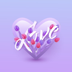 Vector illustration of Love text floral design with letters in bouquet of violet and pink tulips in heart shape isolated on gradient background. Romantic element for Valentines day or wedding.