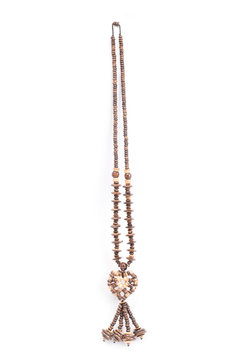 A handmade coconut shell necklace on a white background.