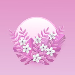 Floral vector illustration with white cherry or apple flowers on pink leaves on round shape badge isolated on tender background. Seasonal decorative element for romantic design.