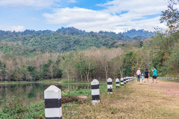 happy family on the road, Mountains and lush tropical forests