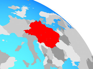 Central Europe on simple blue political globe.