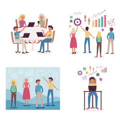 Business development concept set with team working on common goal and analysing process. Various working scenes with young people developing project in flat isolated vector illustration.