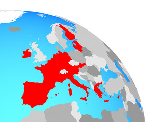 Eurozone member states on simple blue political globe.