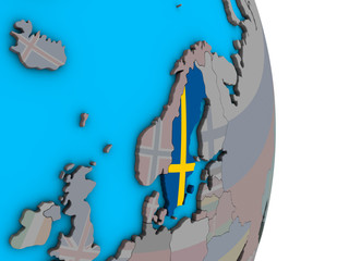 Sweden with embedded national flag on simple political 3D globe.