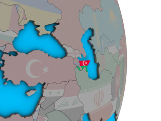 Azerbaijan with embedded national flag on simple political 3D globe.