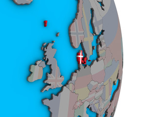 Denmark with embedded national flag on simple political 3D globe.