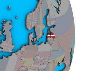 Latvia with embedded national flag on simple political 3D globe.