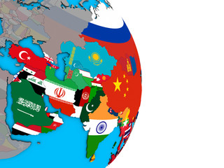 Asia with embedded national flags on simple political 3D globe.