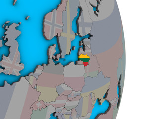 Lithuania with embedded national flag on simple political 3D globe.