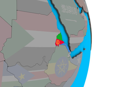 Eritrea with embedded national flag on simple political 3D globe.