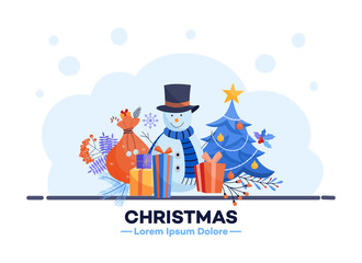 Winter sale poster with decorated christmas tree with present boxes with ribbons, snowman in hat and scarf, santa bag with gifts and abstract florals. Merry christmas, new year discount, sale vector