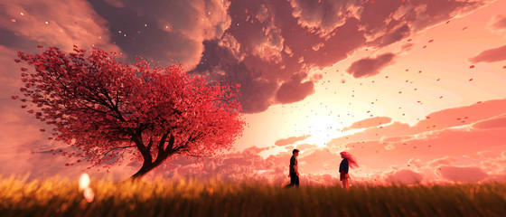 Garden of heaven,Couple in field with sakura tree flower at sunrise or sunset sky,3d rendering - obrazy, fototapety, plakaty
